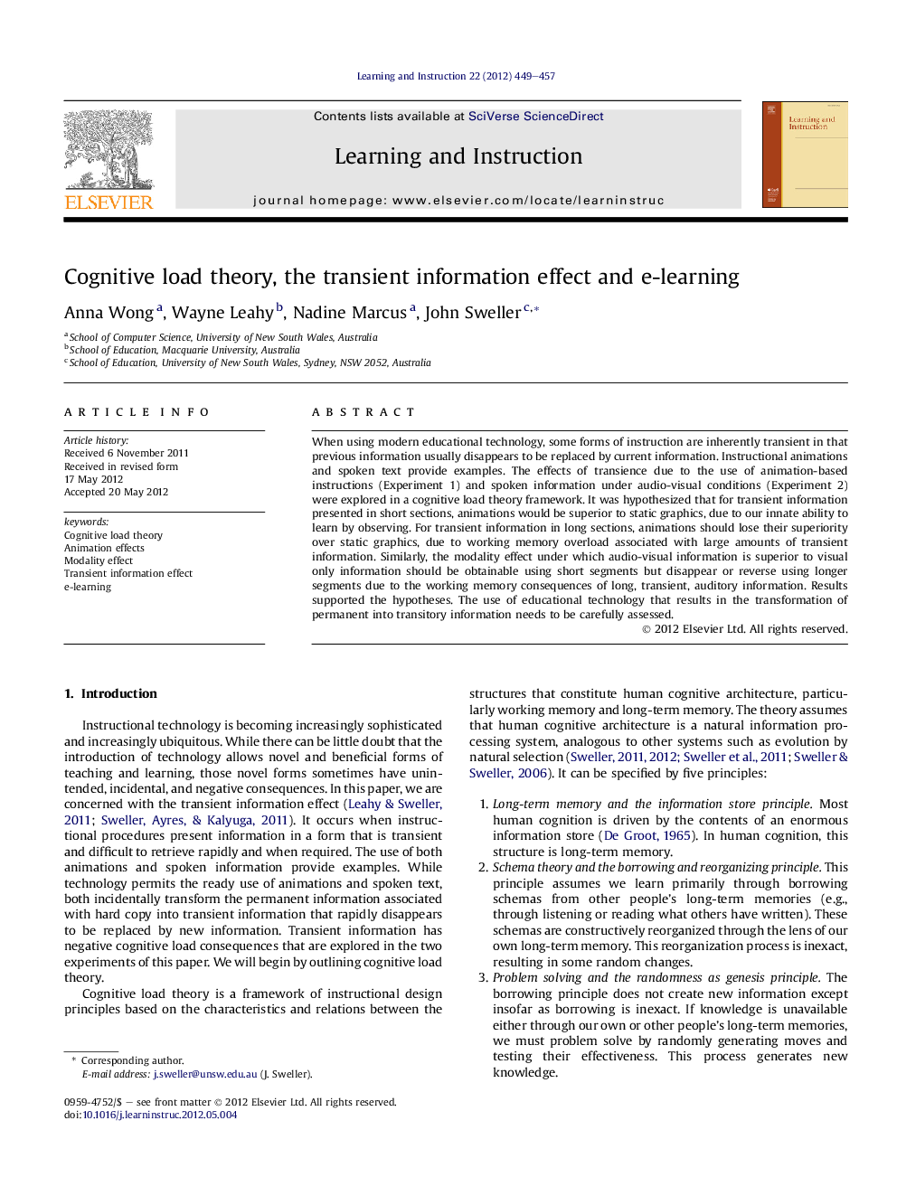 Cognitive load theory, the transient information effect and e-learning