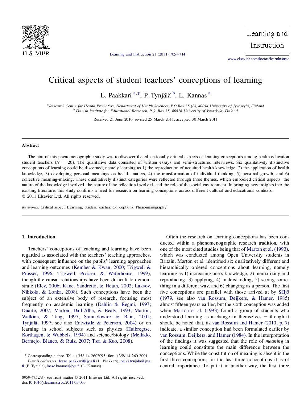 Critical aspects of student teachers’ conceptions of learning