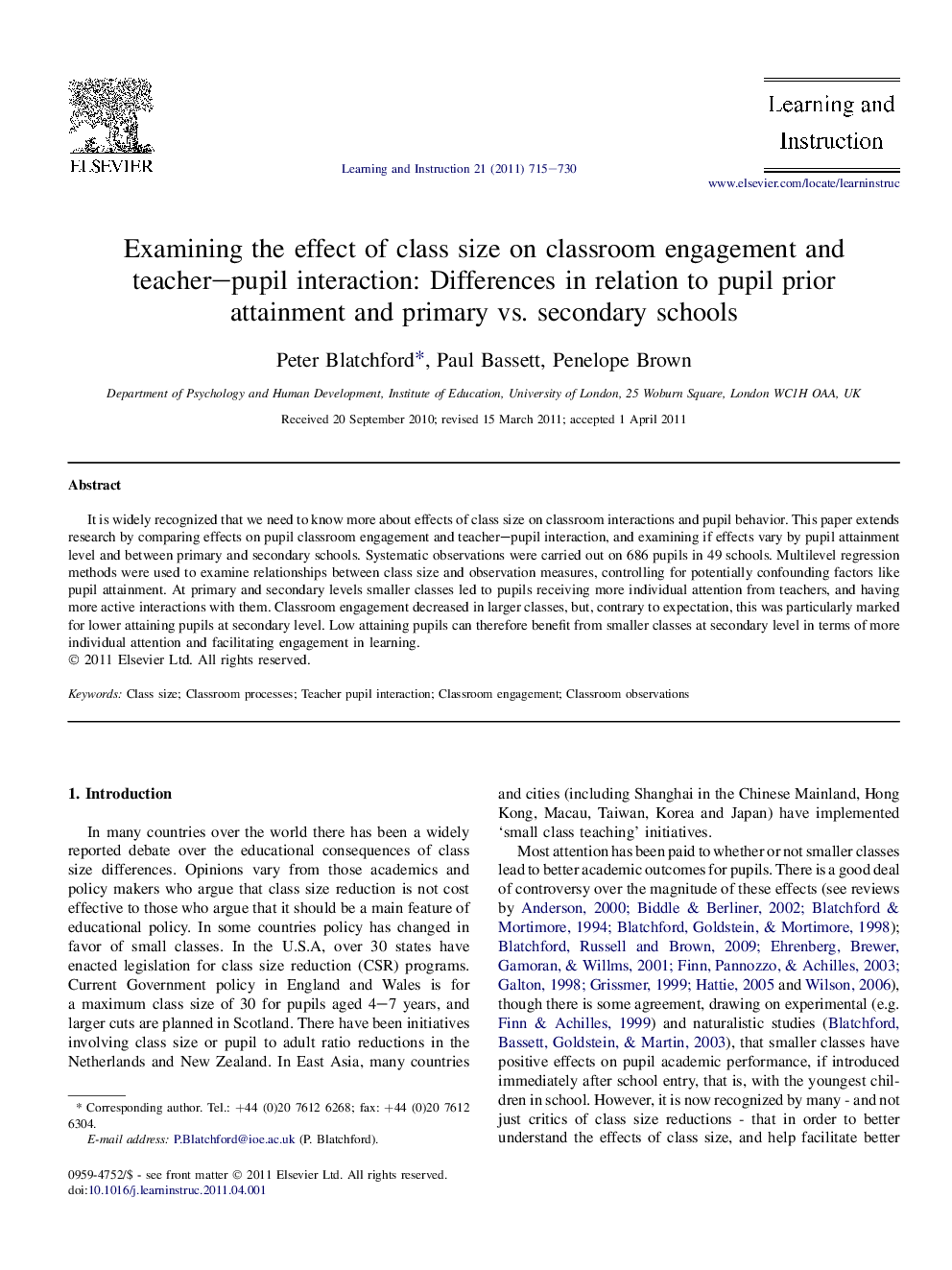 Examining the effect of class size on classroom engagement and teacher–pupil interaction: Differences in relation to pupil prior attainment and primary vs. secondary schools