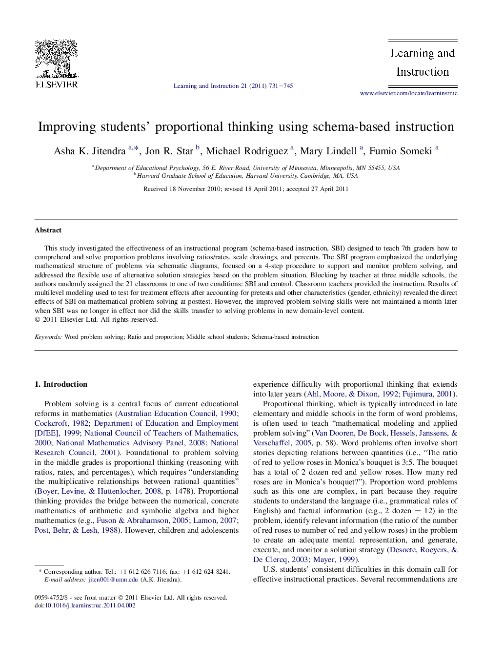 Improving students’ proportional thinking using schema-based instruction