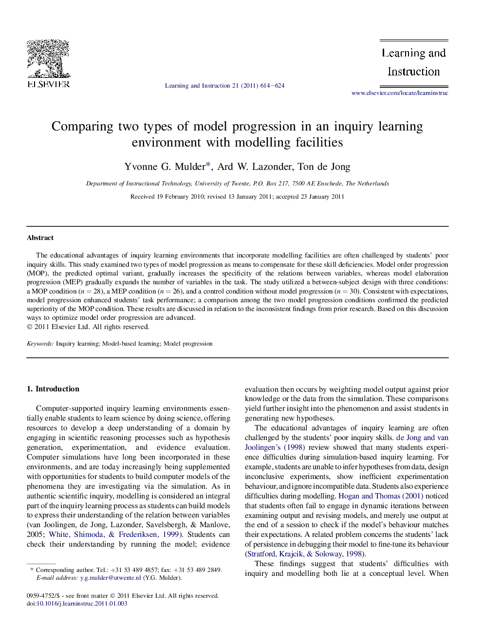 Comparing two types of model progression in an inquiry learning environment with modelling facilities