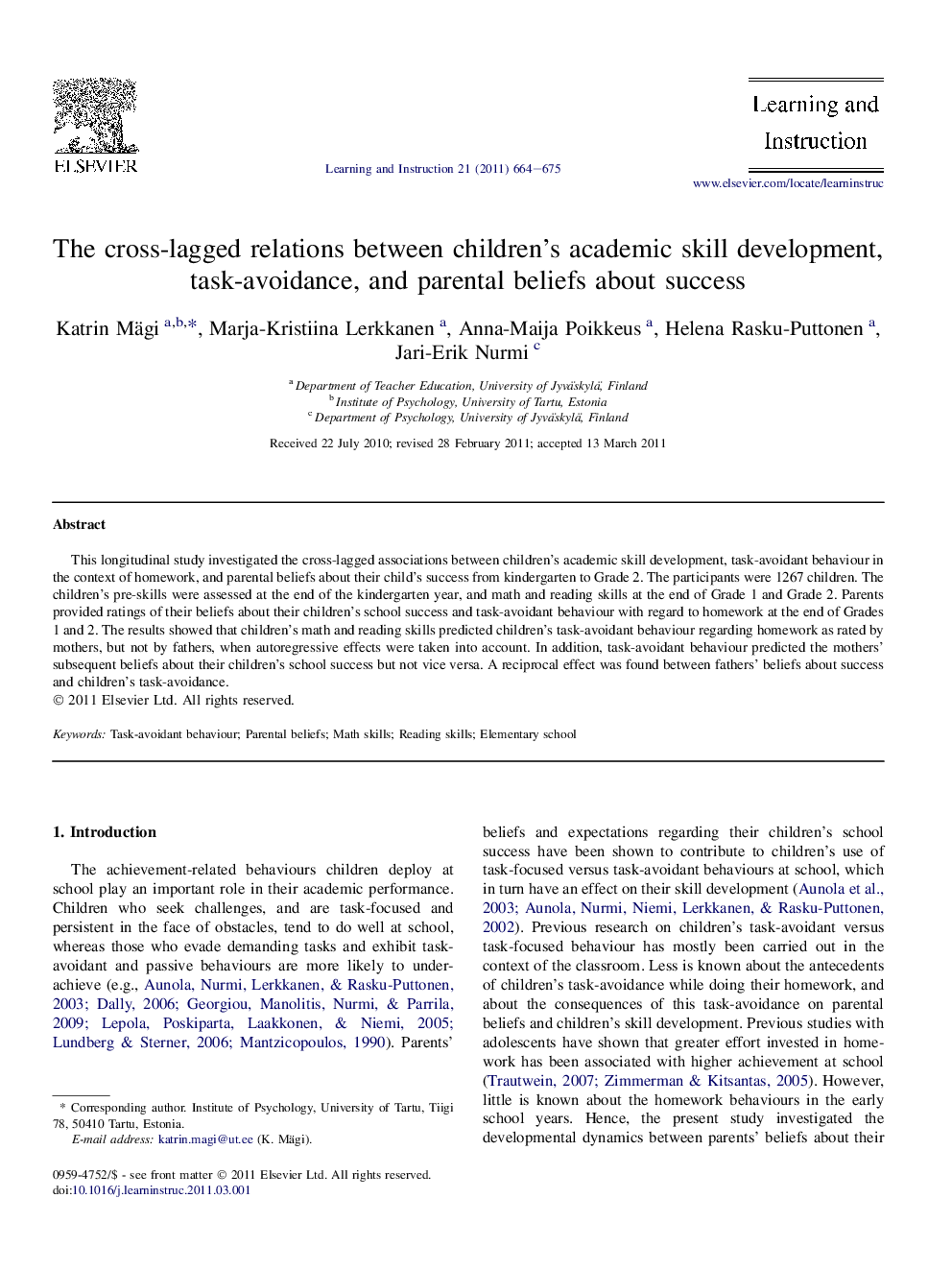 The cross-lagged relations between children’s academic skill development, task-avoidance, and parental beliefs about success