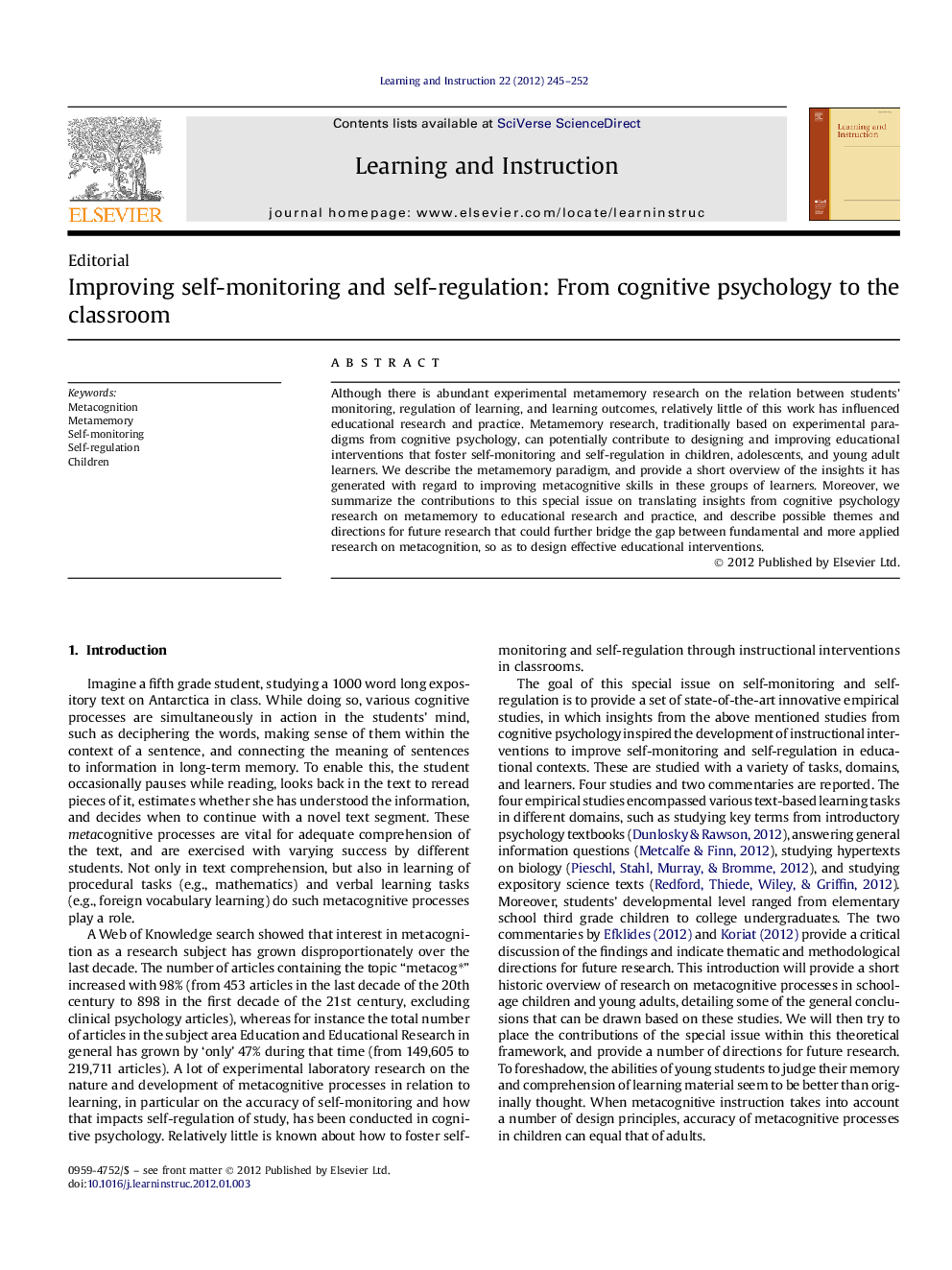 Improving self-monitoring and self-regulation: From cognitive psychology to the classroom