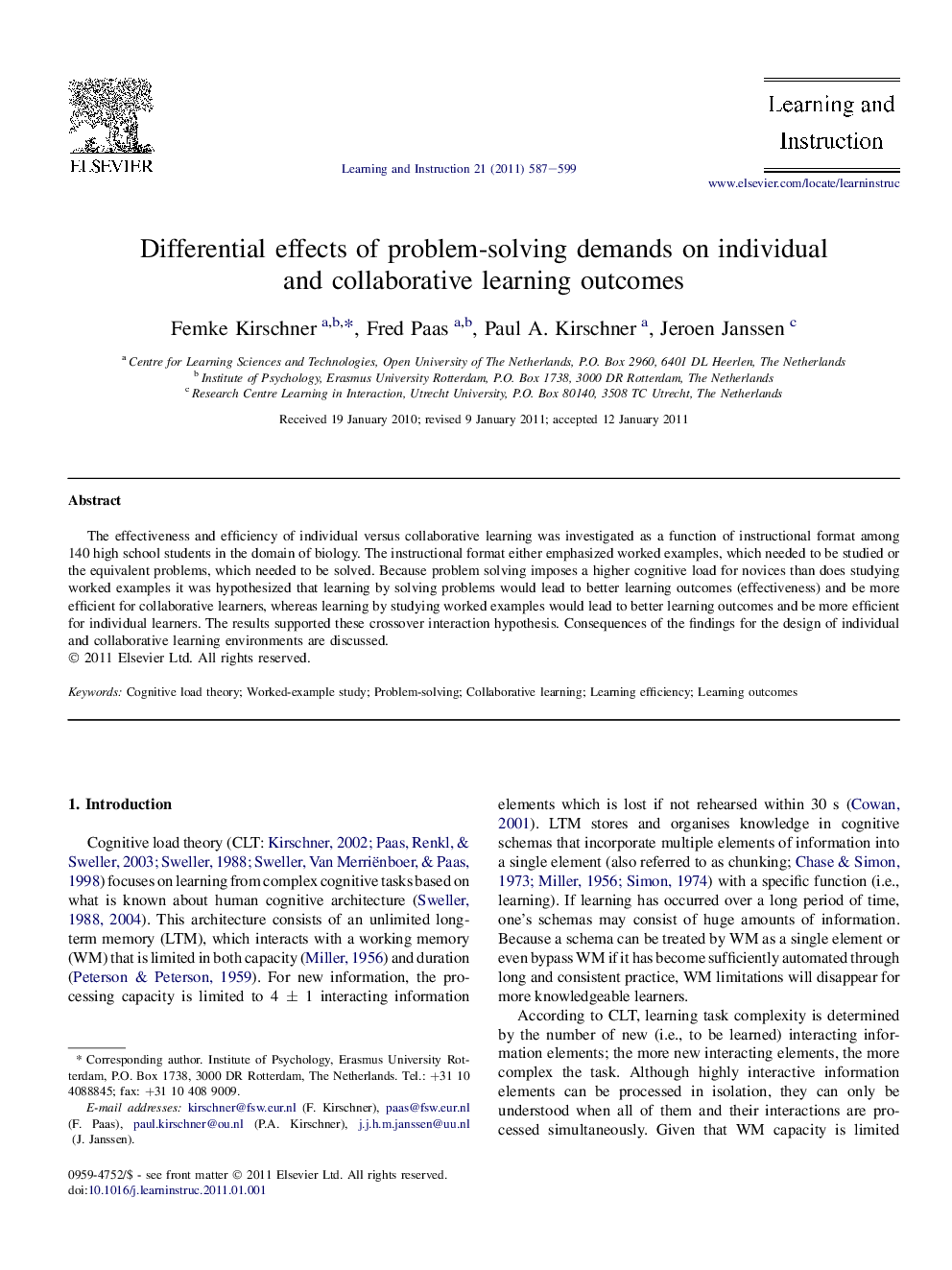 عکس صفحه اول مقاله: Differential effects of problem-solving demands on individual and collaborative learning outcomes Differential effects of problem-solving demands on individual and collaborative learning outcomes
