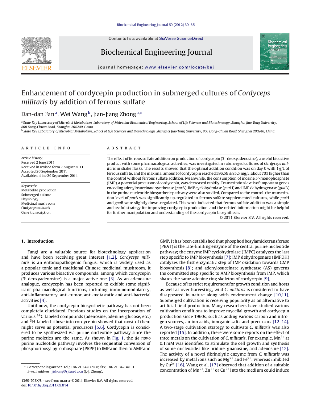 Enhancement of cordycepin production in submerged cultures of Cordyceps militaris by addition of ferrous sulfate