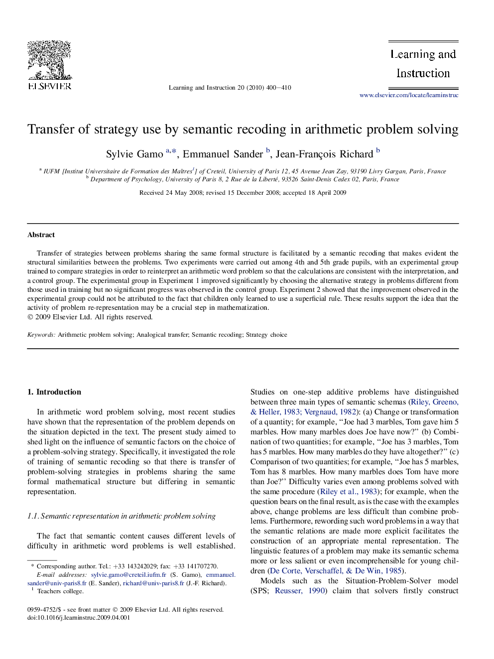 Transfer of strategy use by semantic recoding in arithmetic problem solving