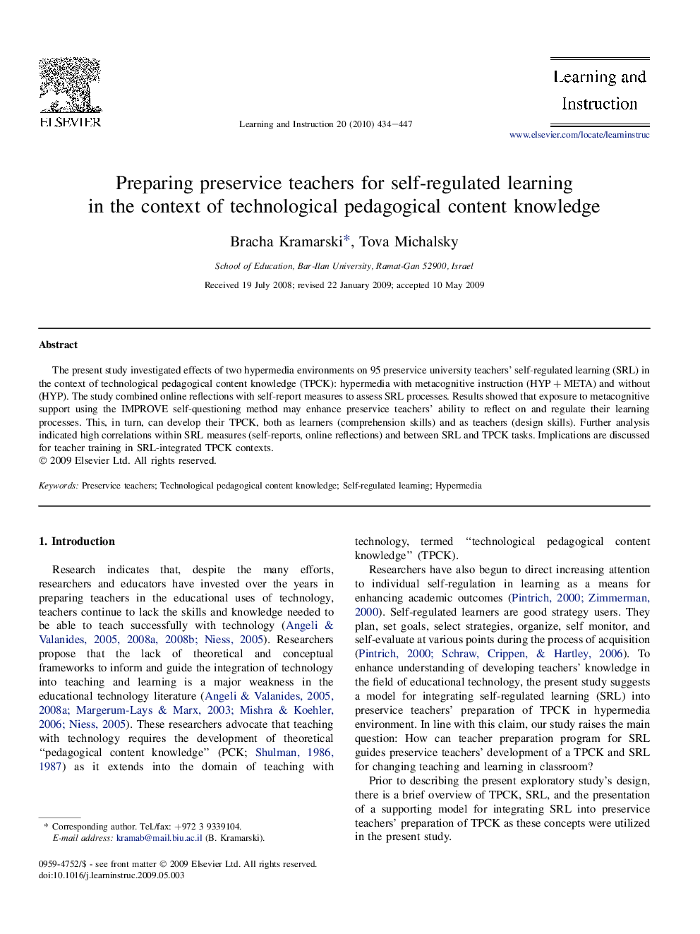 Preparing preservice teachers for self-regulated learning in the context of technological pedagogical content knowledge