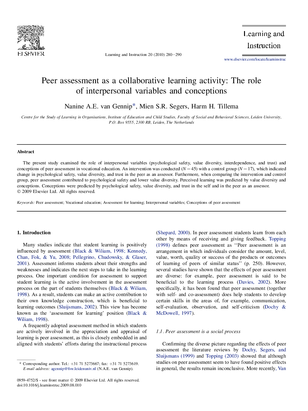 Peer assessment as a collaborative learning activity: The role of interpersonal variables and conceptions