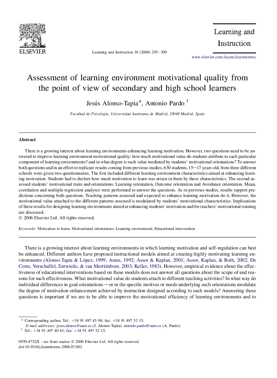 Assessment of learning environment motivational quality from the point of view of secondary and high school learners