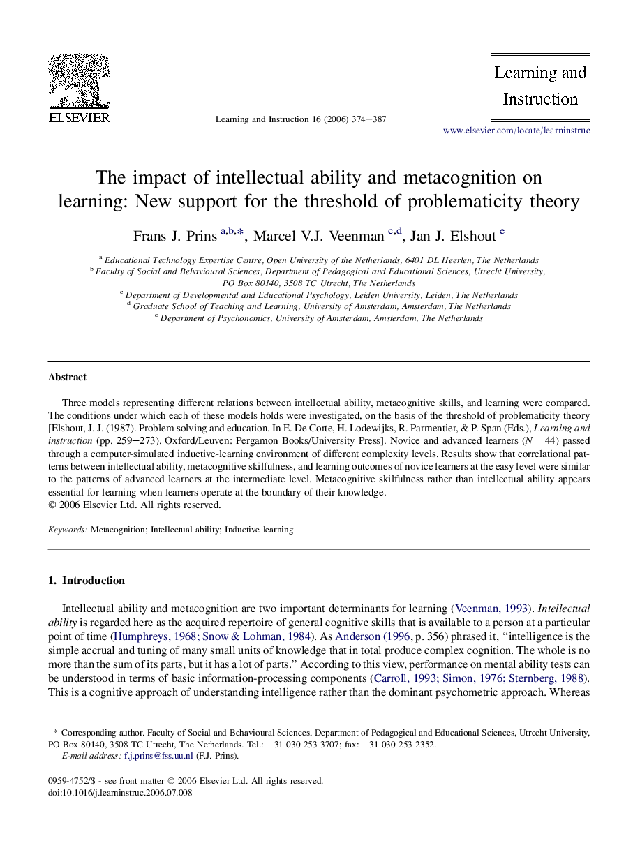 The impact of intellectual ability and metacognition on learning: New support for the threshold of problematicity theory