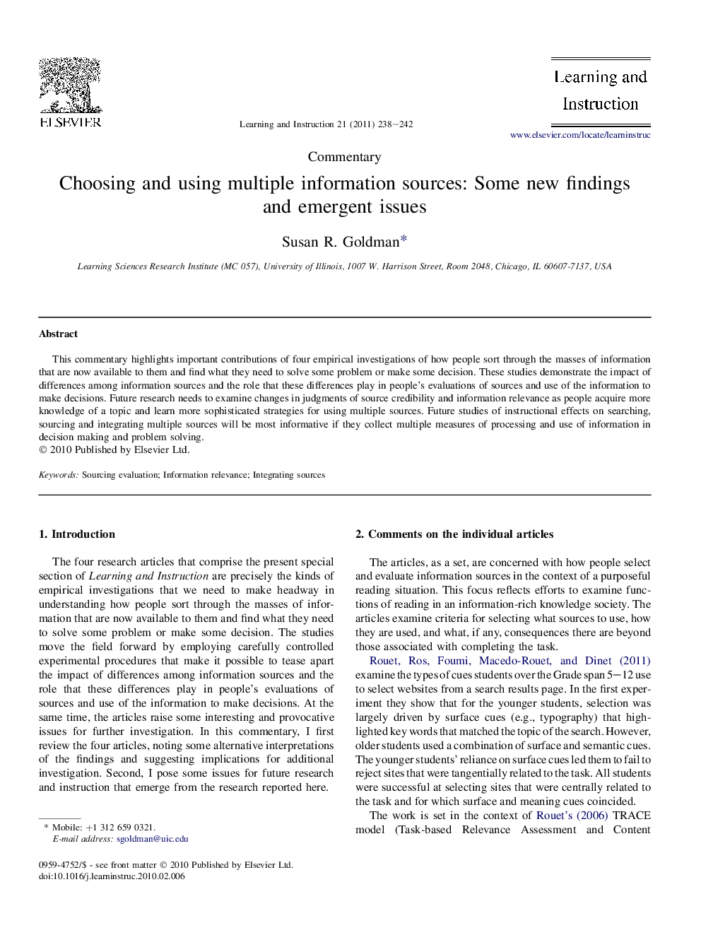 Choosing and using multiple information sources: Some new findings and emergent issues