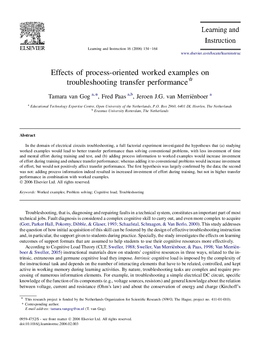 Effects of process-oriented worked examples on troubleshooting transfer performance 