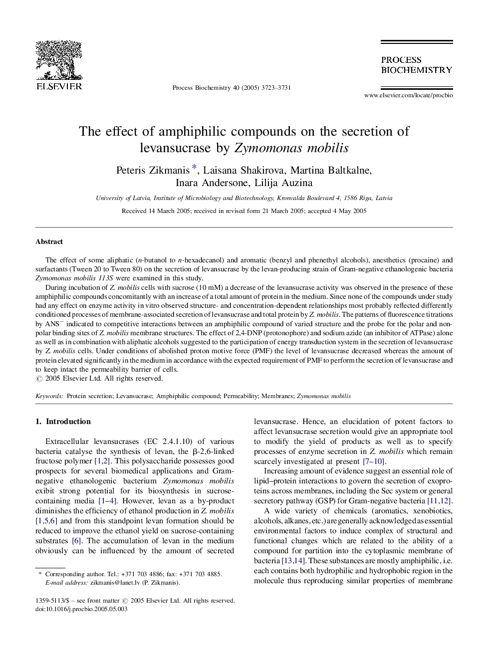 The effect of amphiphilic compounds on the secretion of levansucrase by Zymomonas mobilis