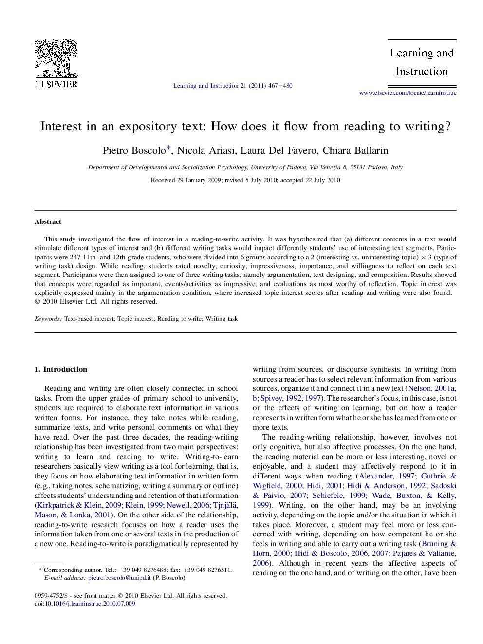 Interest in an expository text: How does it flow from reading to writing?