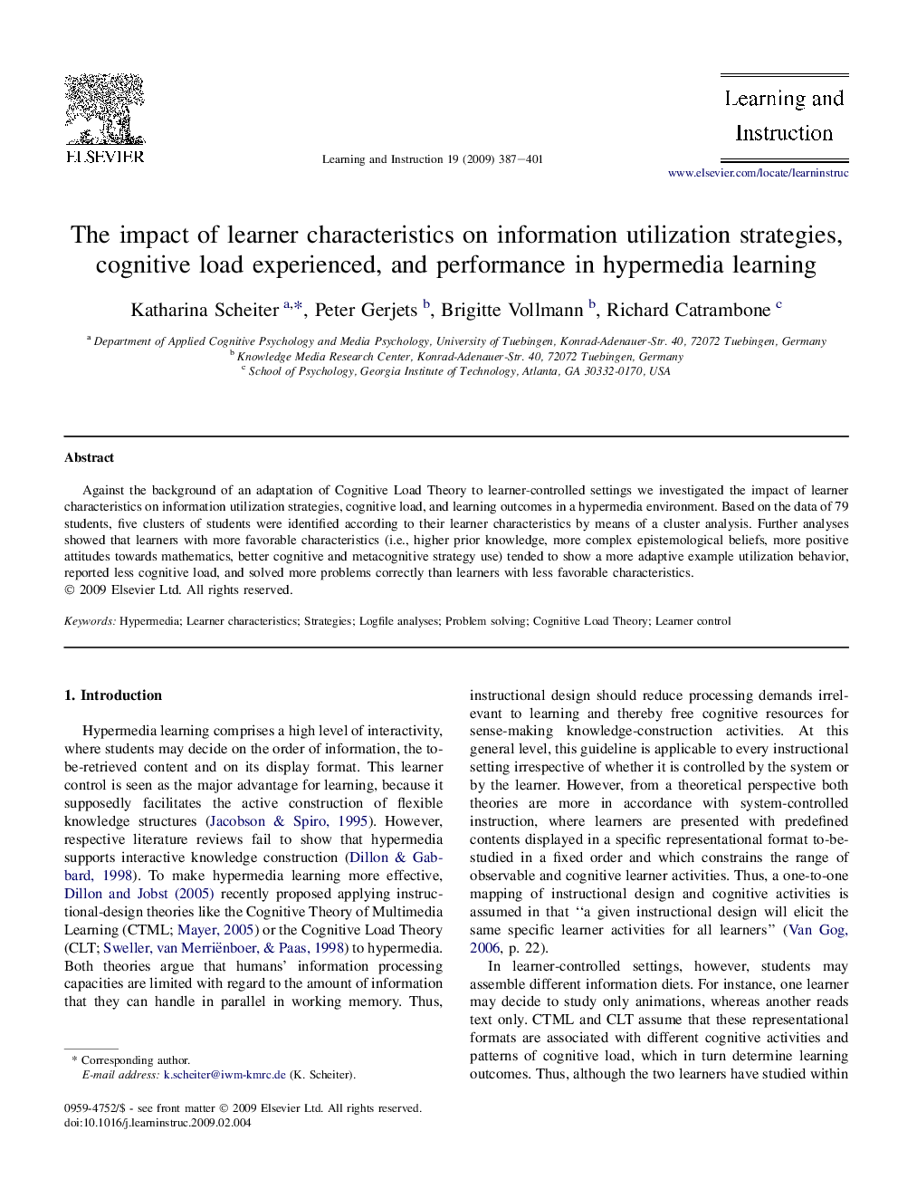 The impact of learner characteristics on information utilization strategies, cognitive load experienced, and performance in hypermedia learning