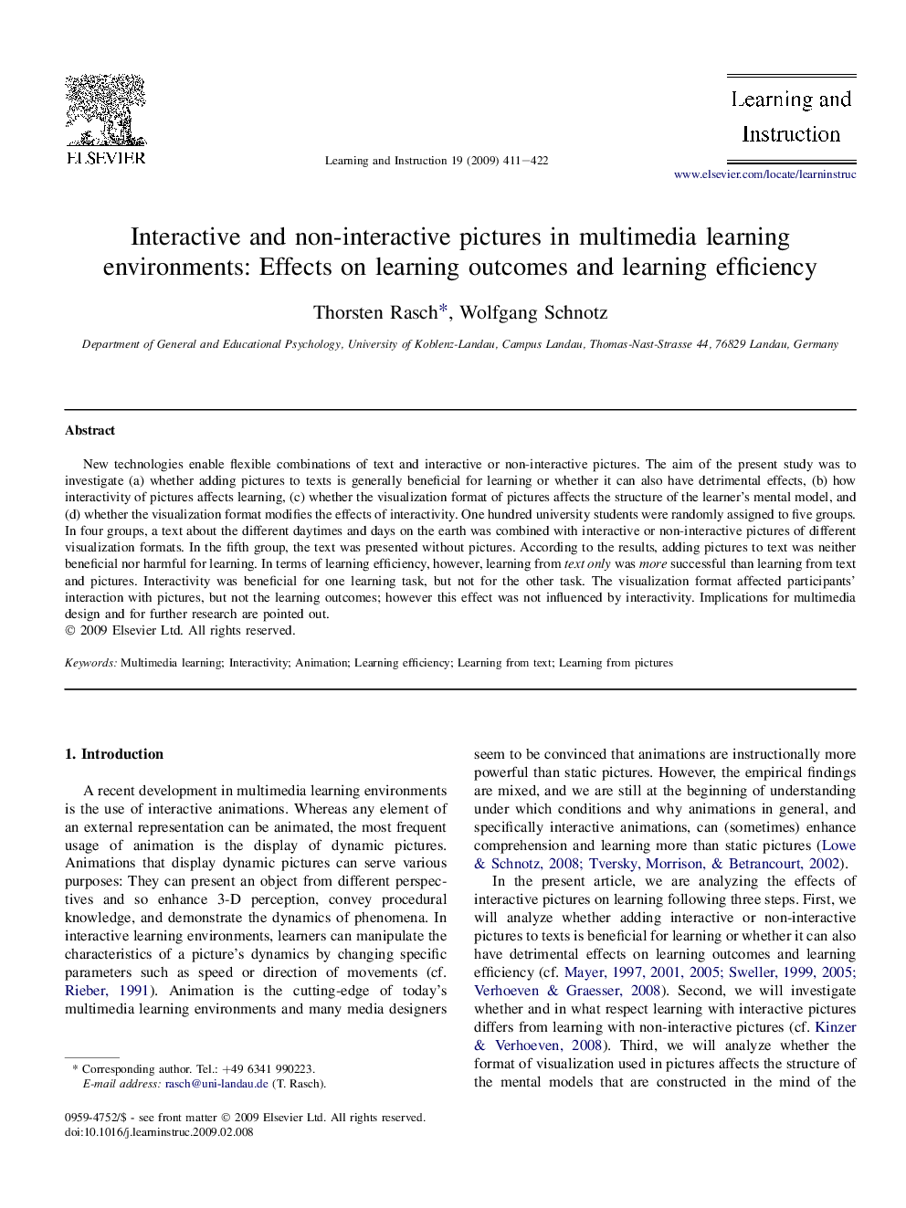 Interactive and non-interactive pictures in multimedia learning environments: Effects on learning outcomes and learning efficiency