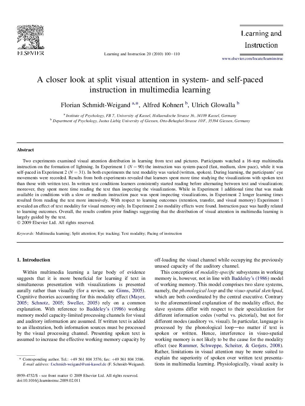 A closer look at split visual attention in system- and self-paced instruction in multimedia learning