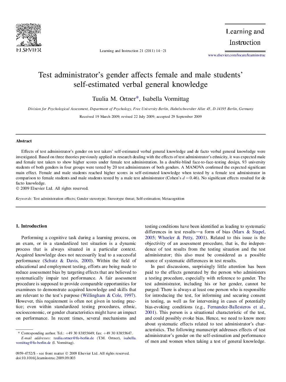 Test administrator's gender affects female and male students' self-estimated verbal general knowledge