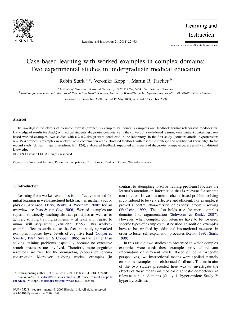 Case-based learning with worked examples in complex domains: Two experimental studies in undergraduate medical education