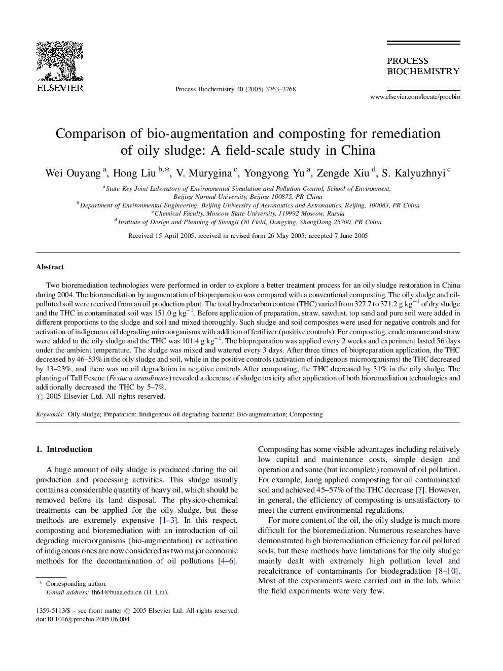 Comparison of bio-augmentation and composting for remediation of oily sludge: A field-scale study in China