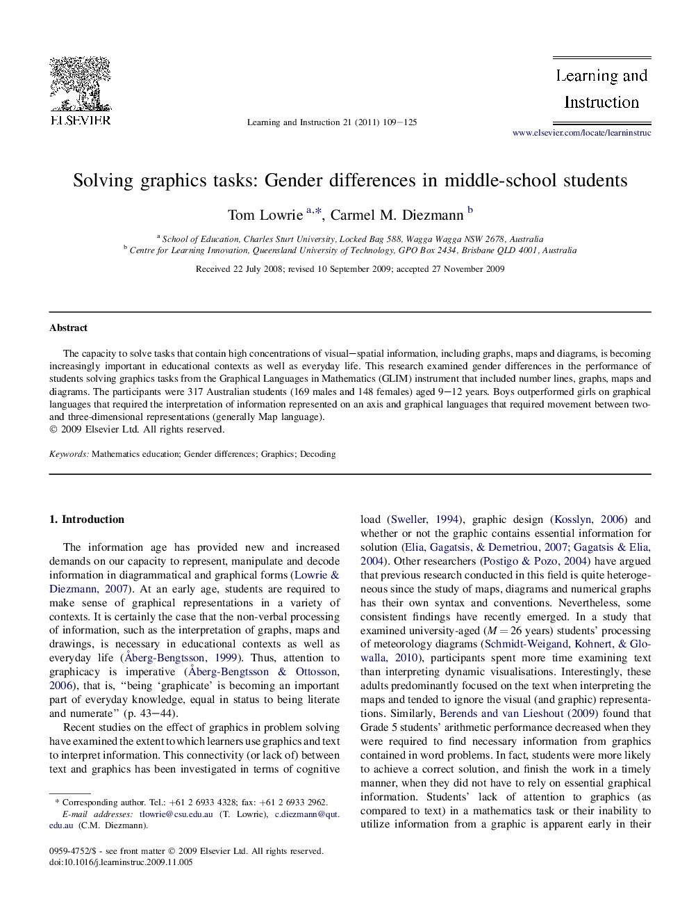 Solving graphics tasks: Gender differences in middle-school students