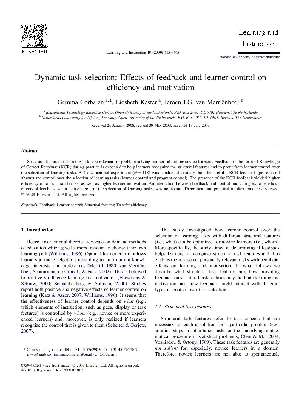 Dynamic task selection: Effects of feedback and learner control on efficiency and motivation