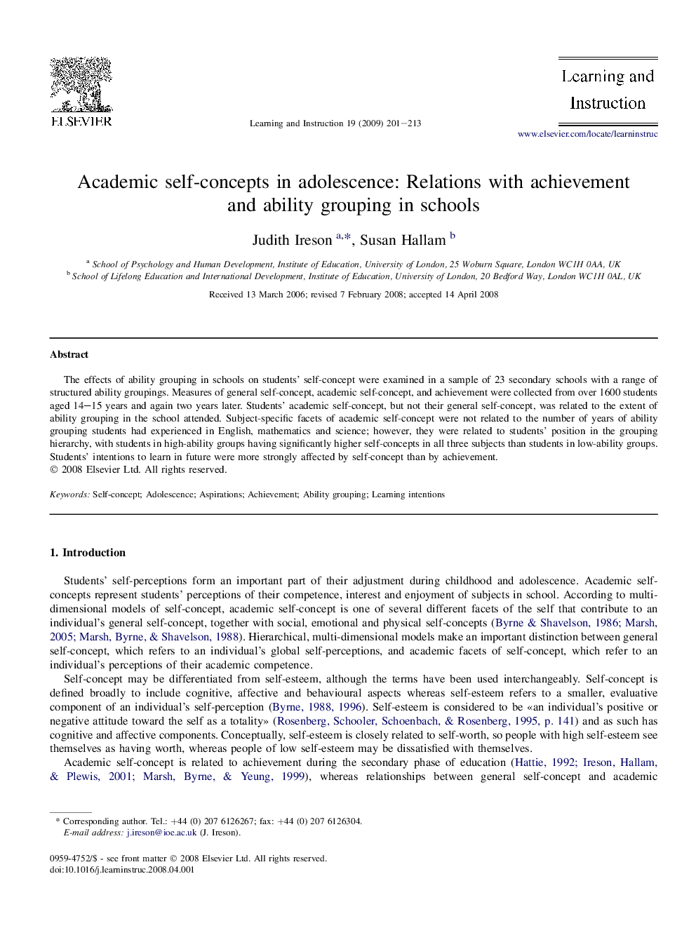 Academic self-concepts in adolescence: Relations with achievement and ability grouping in schools