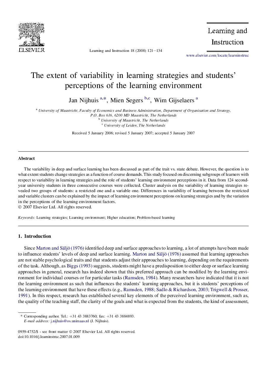 The extent of variability in learning strategies and students' perceptions of the learning environment