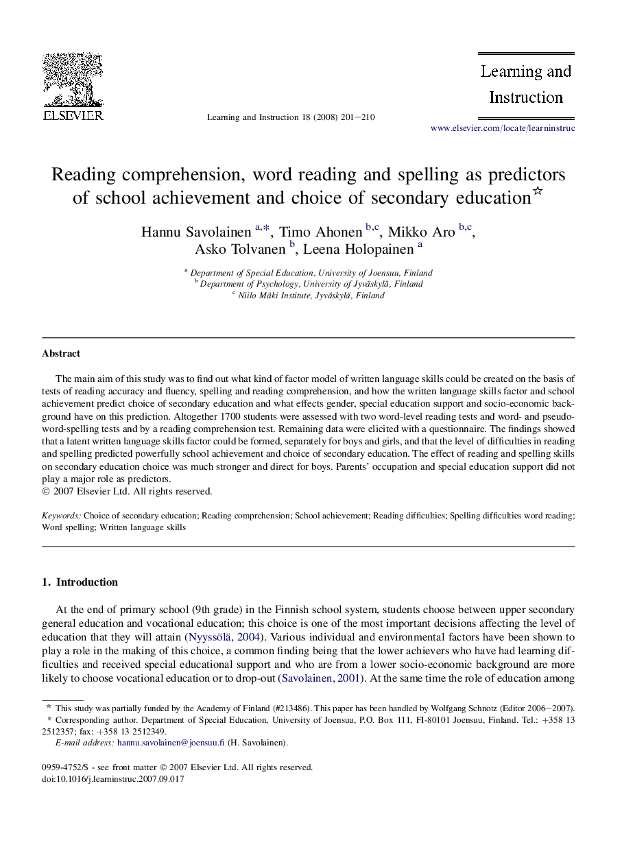 Reading comprehension, word reading and spelling as predictors of school achievement and choice of secondary education 