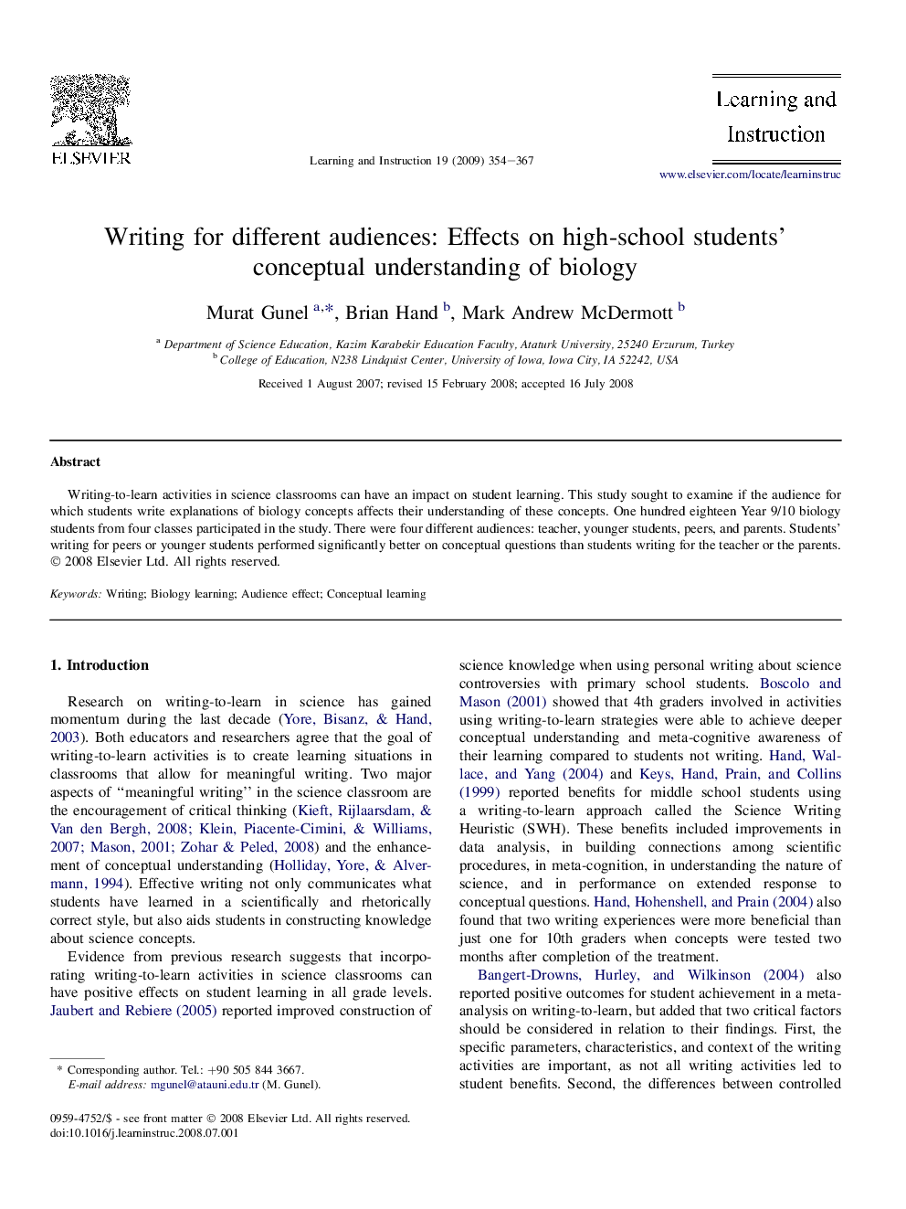 Writing for different audiences: Effects on high-school students' conceptual understanding of biology