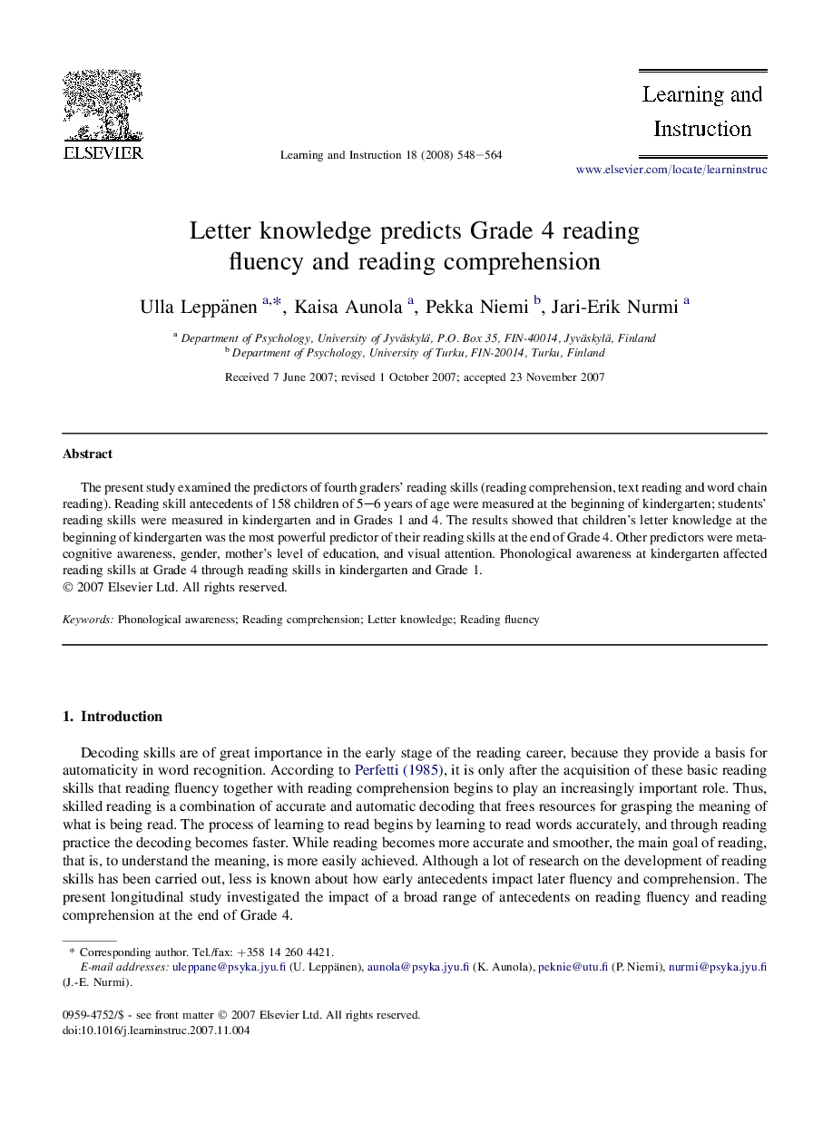 Letter knowledge predicts Grade 4 reading fluency and reading comprehension