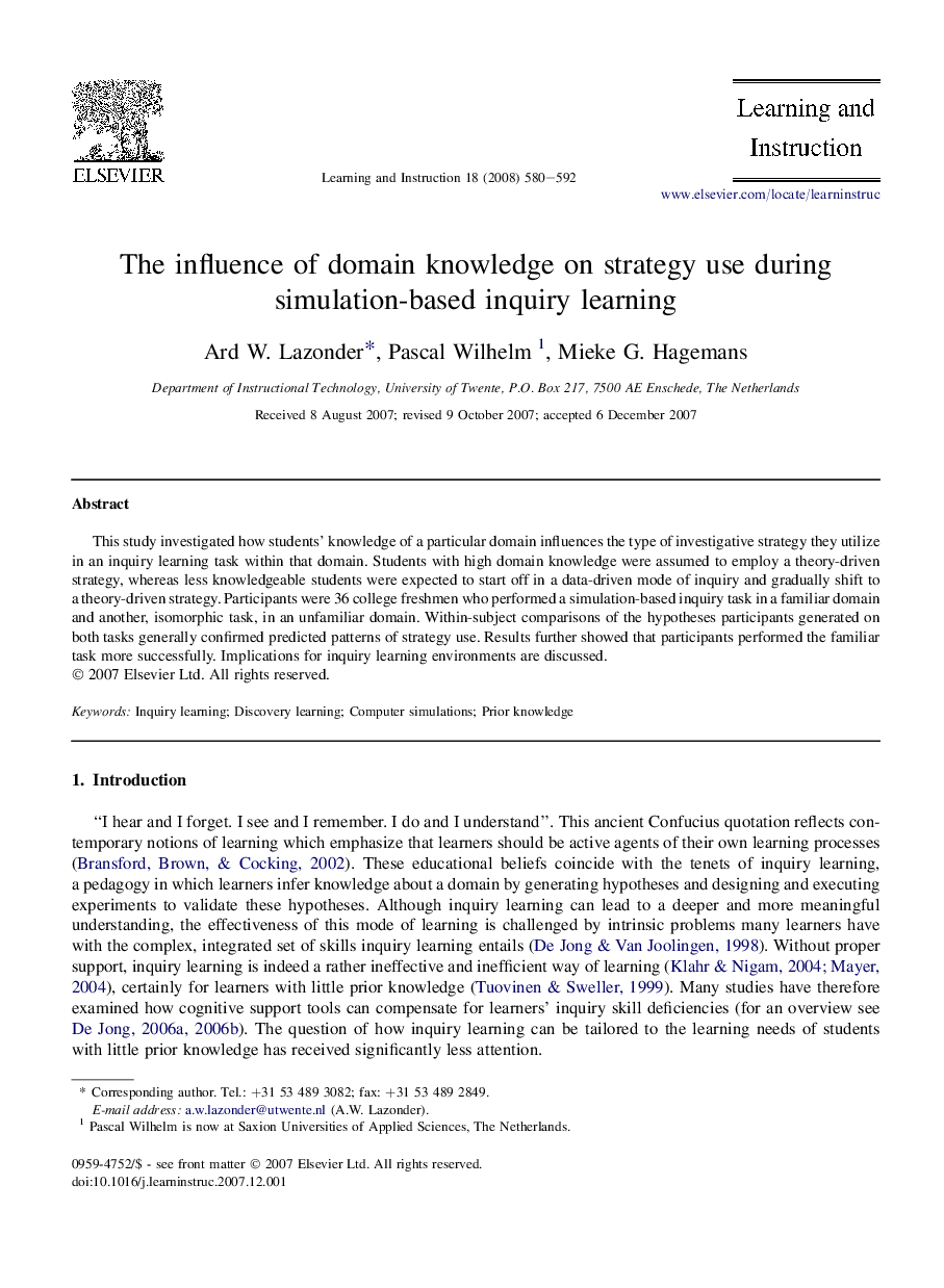The influence of domain knowledge on strategy use during simulation-based inquiry learning