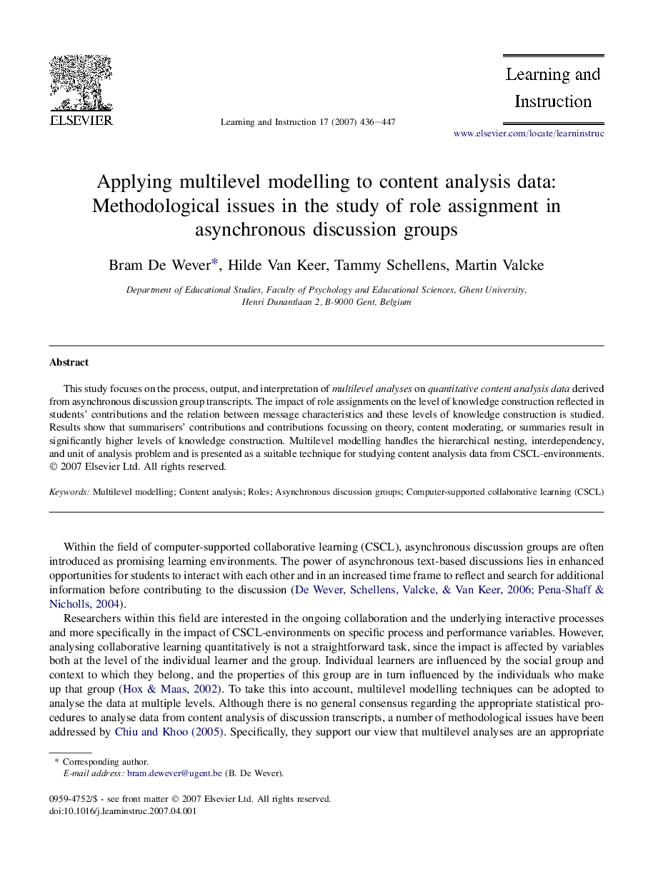 Applying multilevel modelling to content analysis data: Methodological issues in the study of role assignment in asynchronous discussion groups