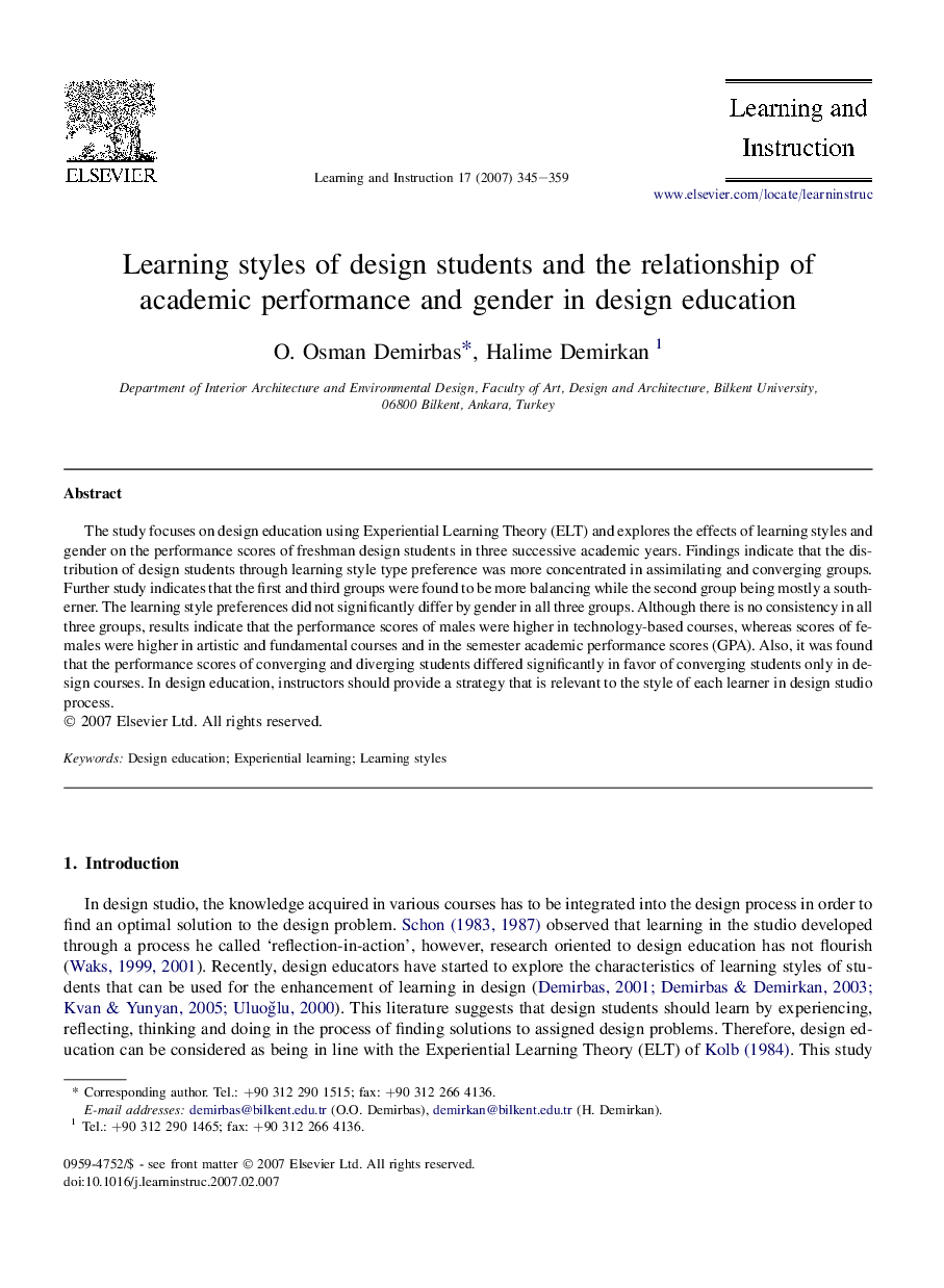 Learning styles of design students and the relationship of academic performance and gender in design education