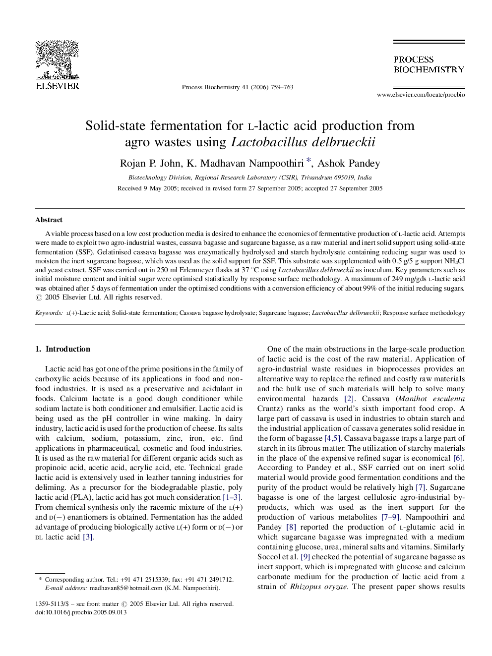 Solid-state fermentation for l-lactic acid production from agro wastes using Lactobacillus delbrueckii