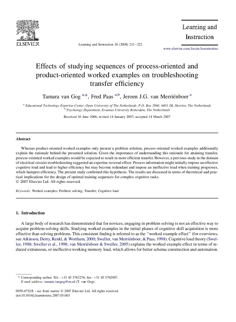 Effects of studying sequences of process-oriented and product-oriented worked examples on troubleshooting transfer efficiency