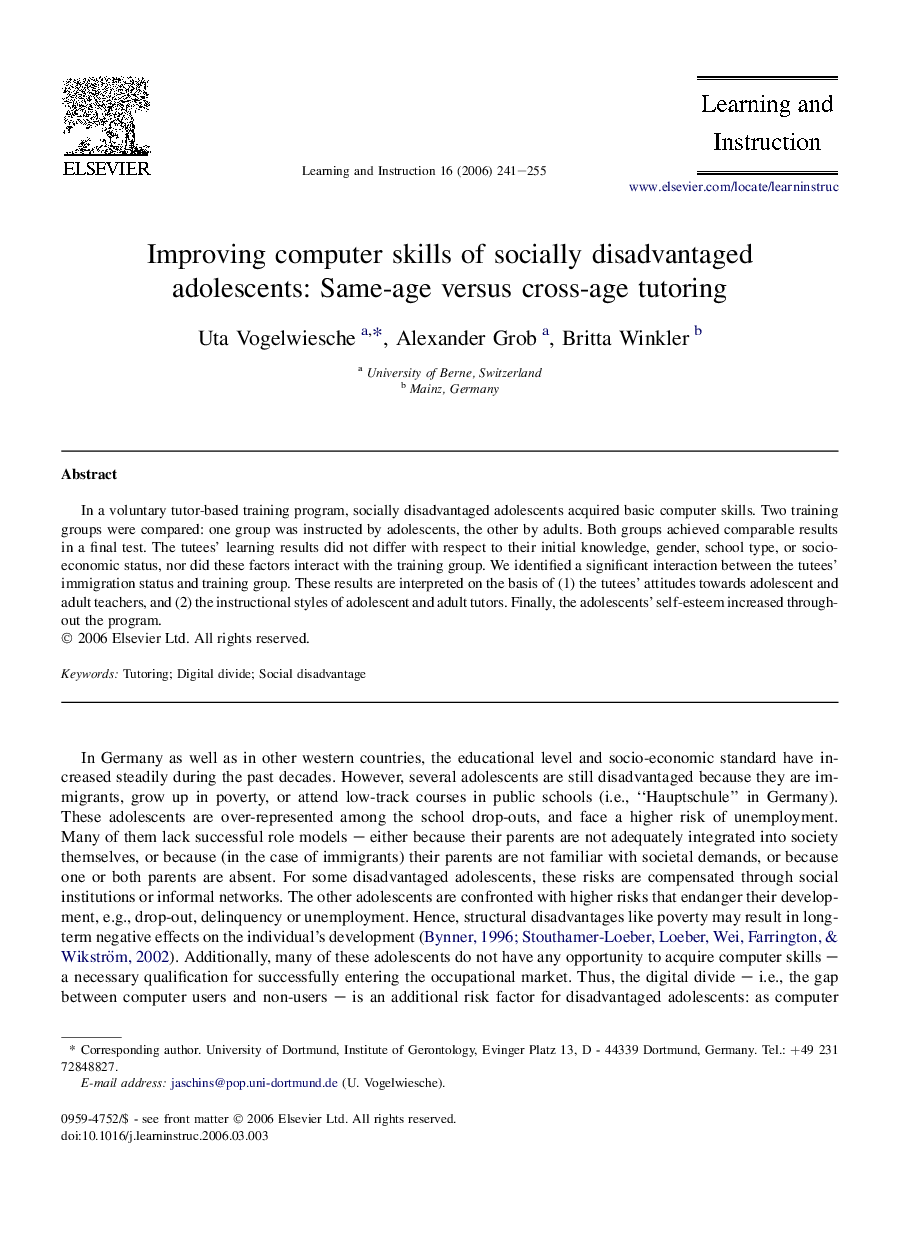 Improving computer skills of socially disadvantaged adolescents: Same-age versus cross-age tutoring
