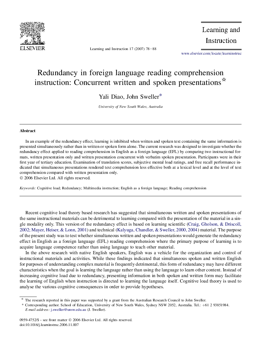 Redundancy in foreign language reading comprehension instruction: Concurrent written and spoken presentations 