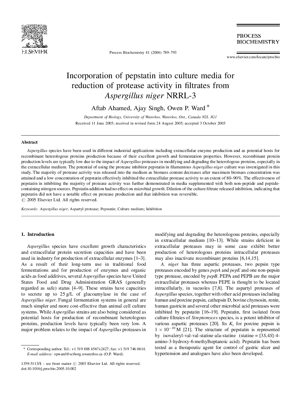 Incorporation of pepstatin into culture media for reduction of protease activity in filtrates from Aspergillus niger NRRL-3