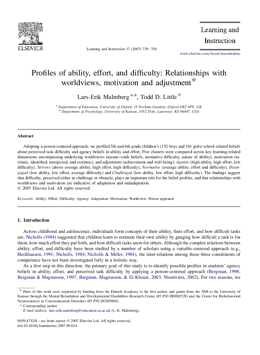 Profiles of ability, effort, and difficulty: Relationships with worldviews, motivation and adjustment 