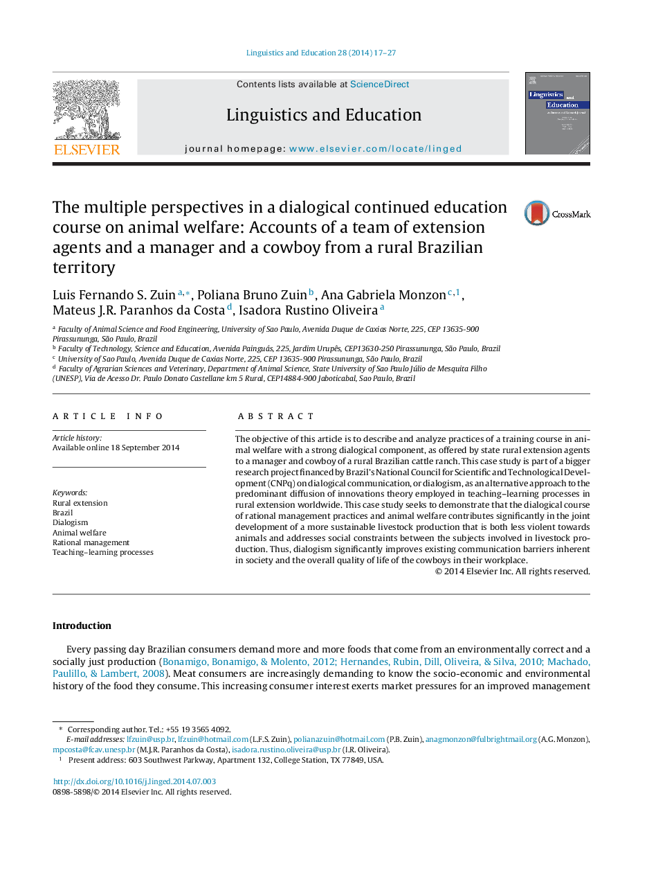 The multiple perspectives in a dialogical continued education course on animal welfare: Accounts of a team of extension agents and a manager and a cowboy from a rural Brazilian territory