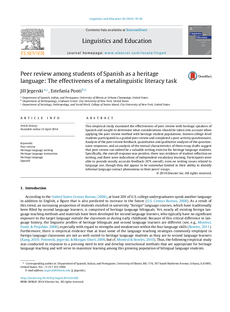 Peer review among students of Spanish as a heritage language: The effectiveness of a metalinguistic literacy task