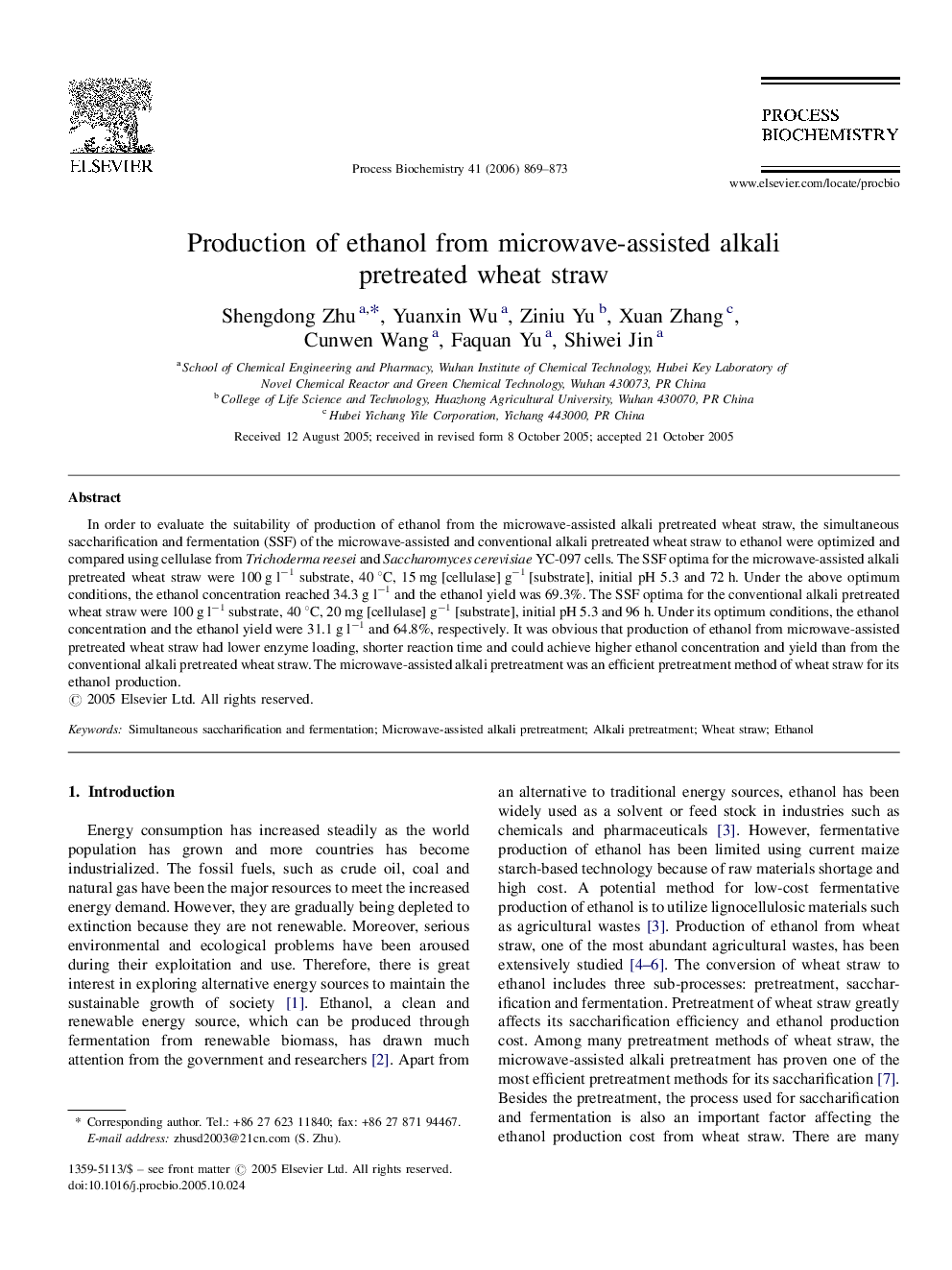 Production of ethanol from microwave-assisted alkali pretreated wheat straw