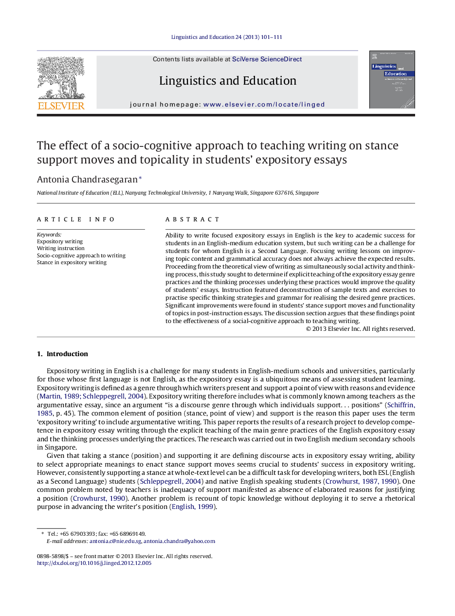 The effect of a socio-cognitive approach to teaching writing on stance support moves and topicality in students’ expository essays