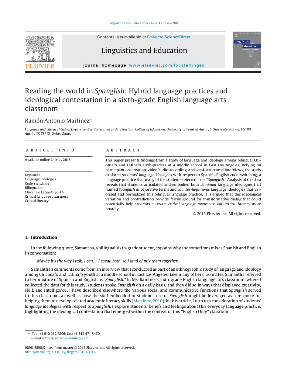 Reading the world in Spanglish: Hybrid language practices and ideological contestation in a sixth-grade English language arts classroom
