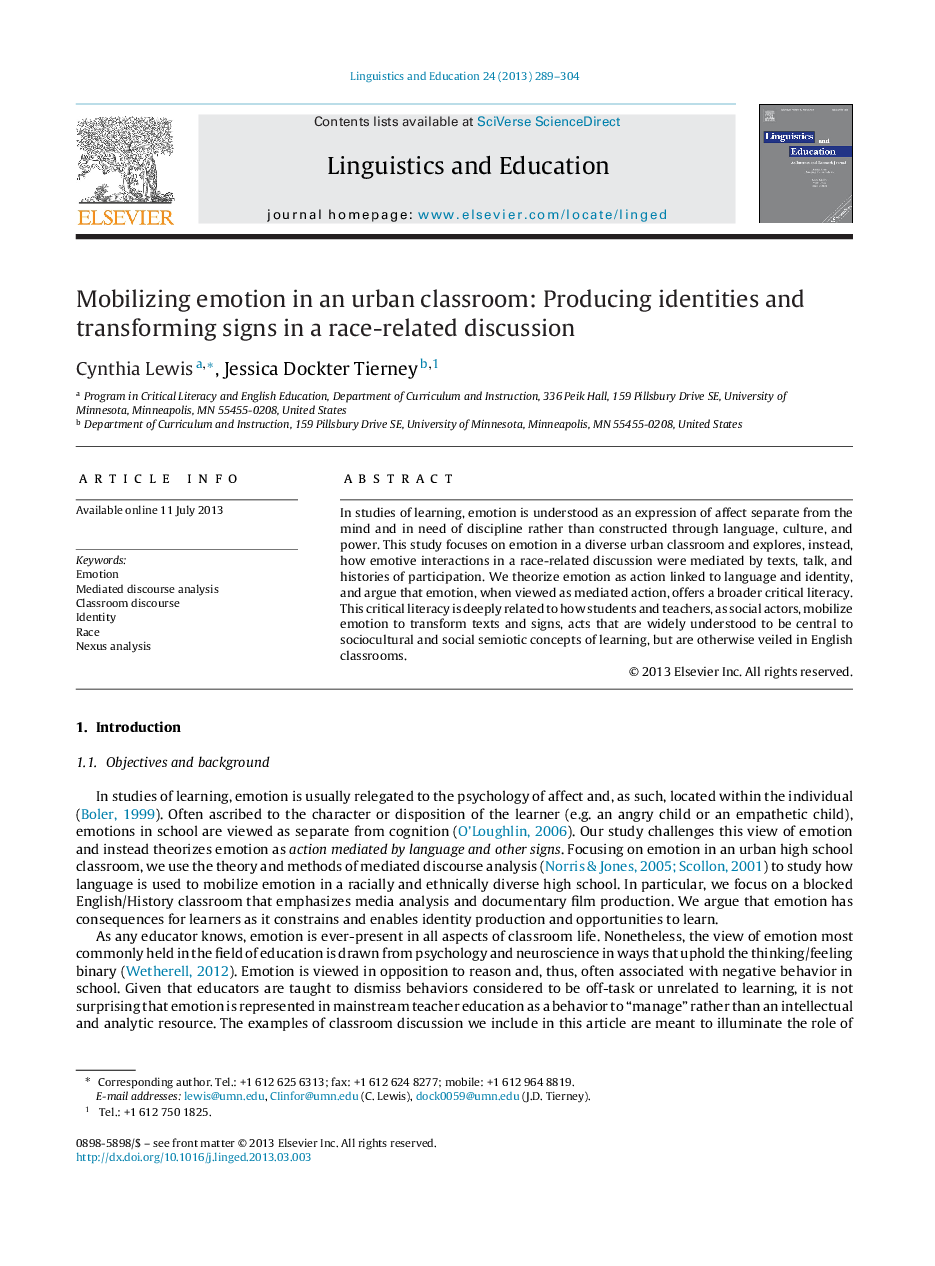 Mobilizing emotion in an urban classroom: Producing identities and transforming signs in a race-related discussion