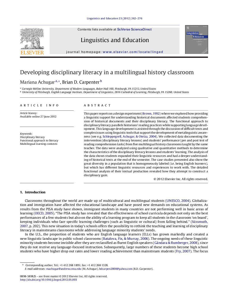 Developing disciplinary literacy in a multilingual history classroom