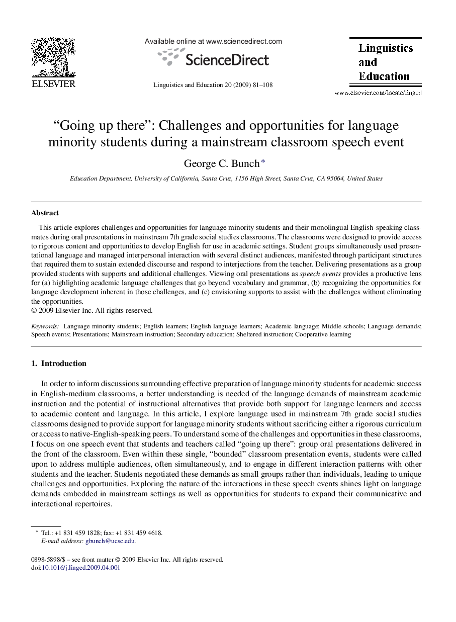 “Going up there”: Challenges and opportunities for language minority students during a mainstream classroom speech event