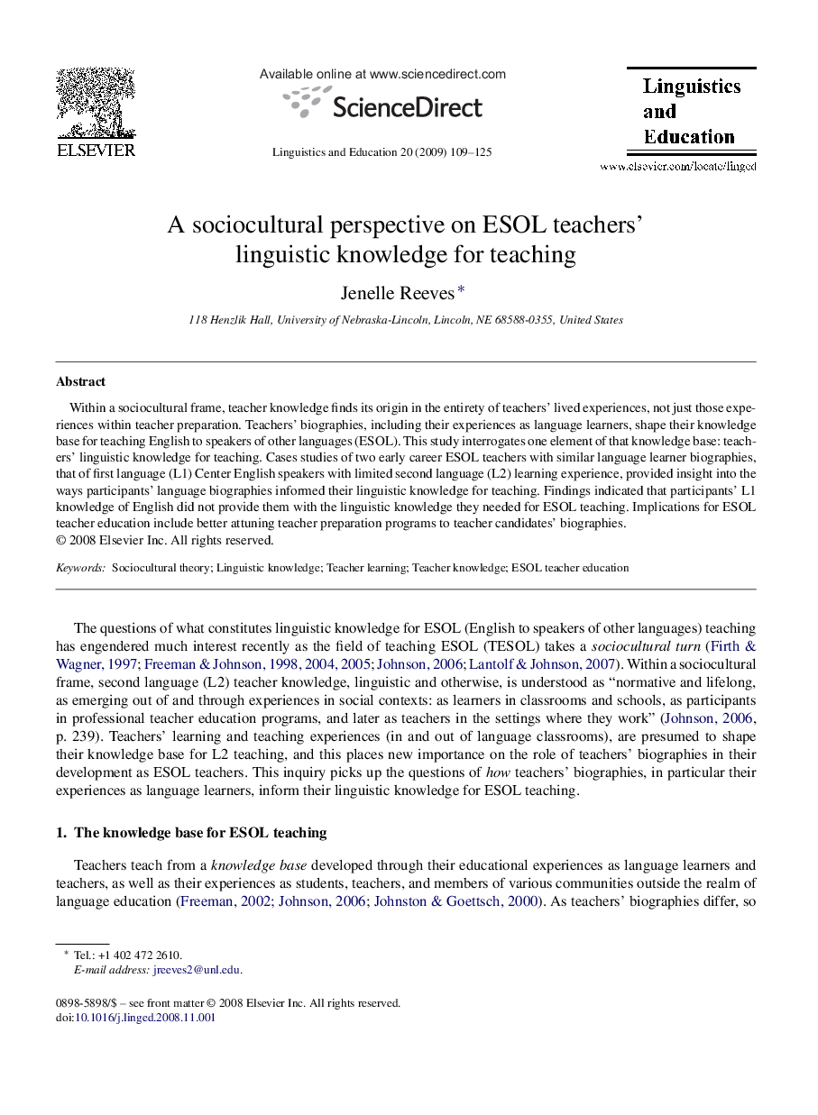 A sociocultural perspective on ESOL teachers’ linguistic knowledge for teaching