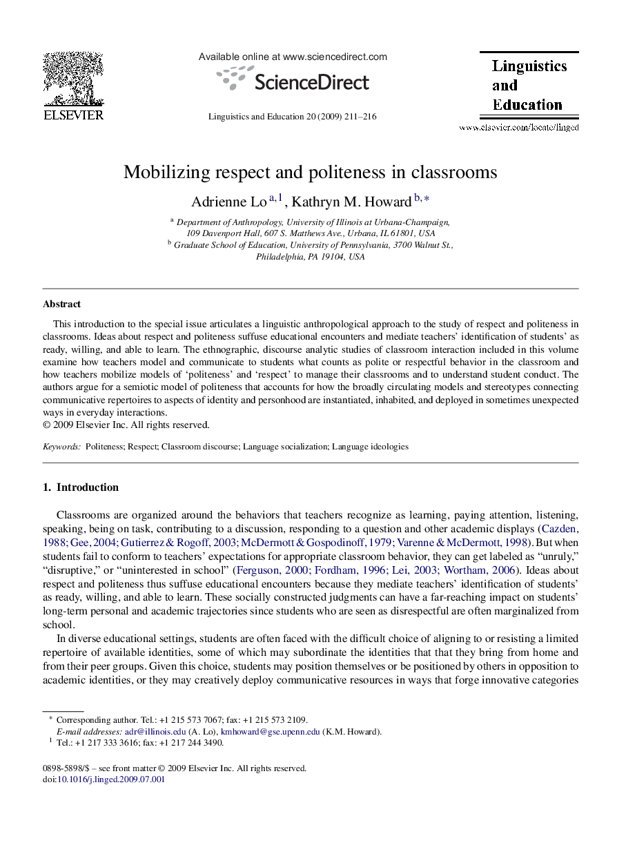 عکس صفحه اول مقاله: Mobilizing respect and politeness in classrooms Mobilizing respect and politeness in classrooms